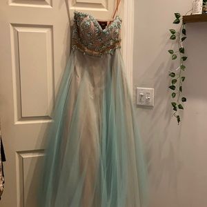 Teal strapless prom dress. Beaded top, mesh center